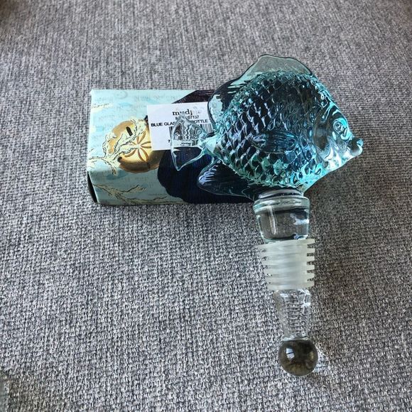 Mud Pie Kitchen Aqua Turquoise Glass Fish Wine Cider Bottle Stopper